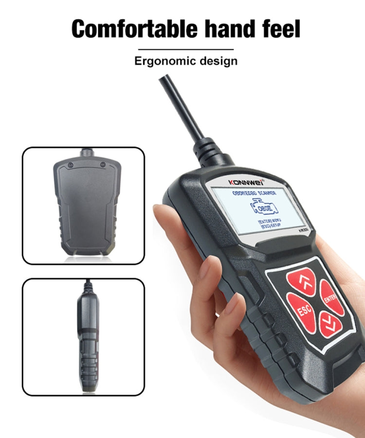 Handheld OBD2 scanner with ergonomic grip, black body and red ESC/enter buttons