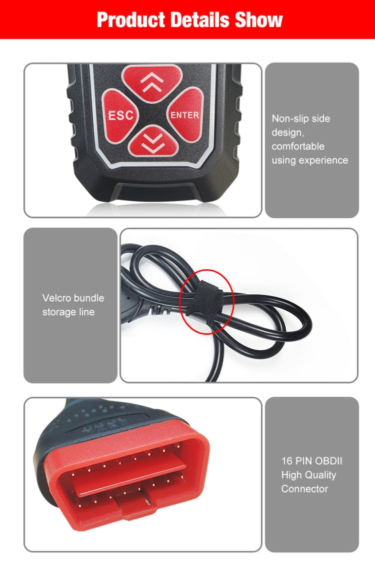 Black OBD2 scanner with red ESC/enter keypad, cable and OBDII connector details