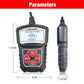 OBD2 scanner size diagram showing front keypad and side profile with cable