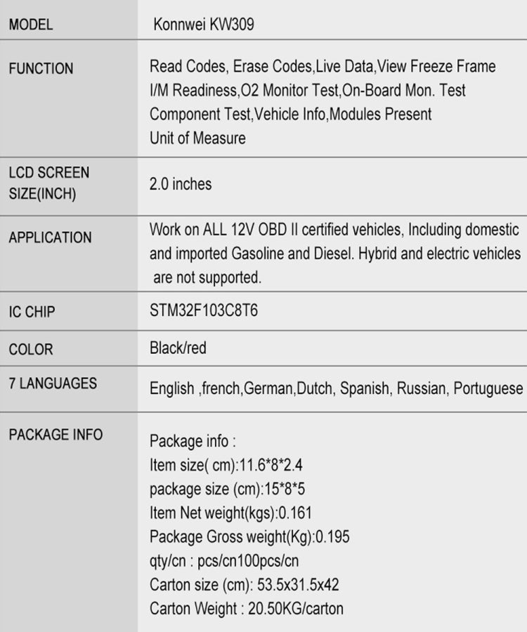 Konnwei KW309 OBD2 scanner technical parameters table with LCD screen size