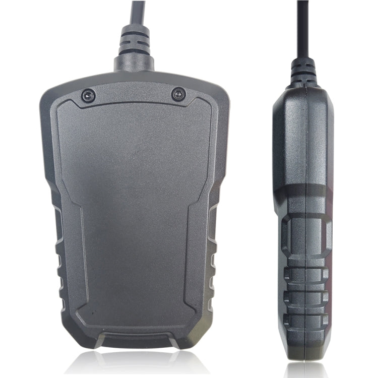 Black OBD2 code reader scanner rear view with side ports and cable