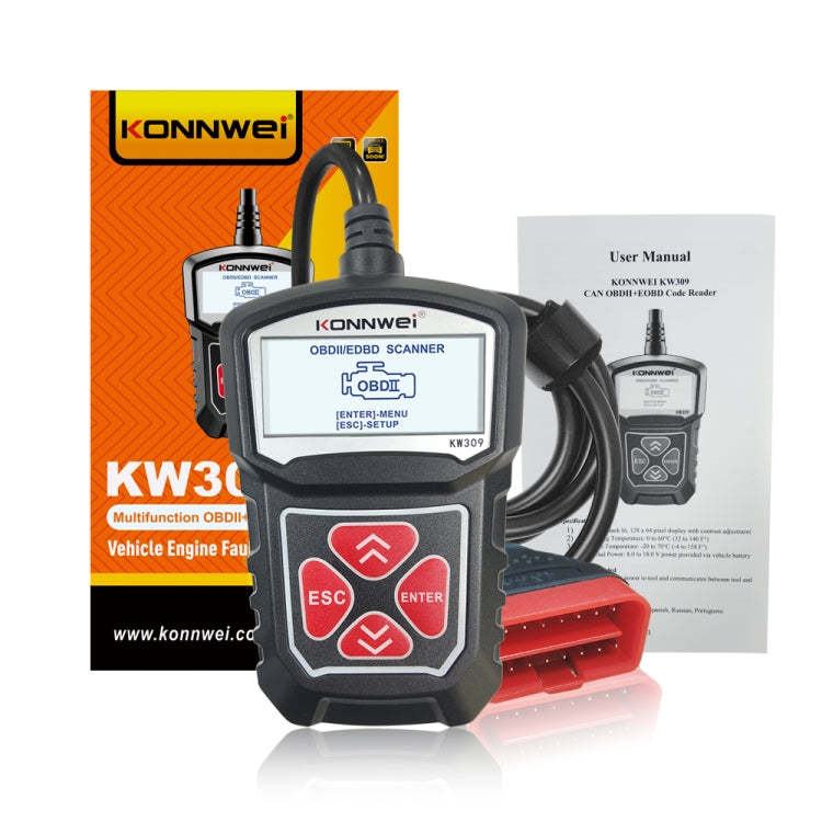 KW309 OBD2 code reader scanner kit with user manual and red OBD cable