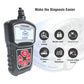 Black OBD2 code reader scanner showing screen and button controls