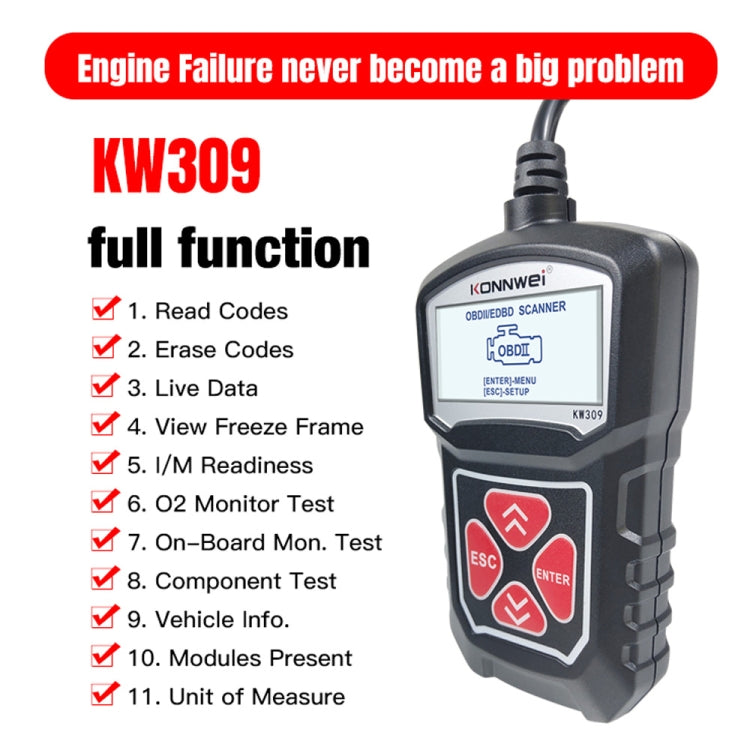 Black KW309 OBD2 code reader scanner with display and red button keypad