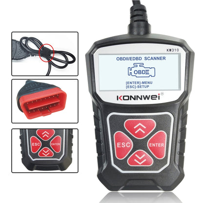 Handheld OBD2 diagnostic scanner with LCD screen and red ESC/ENTER control buttons