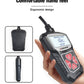 Handheld black OBD2 scanner with red buttons, held in a hand