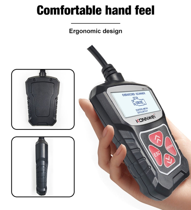 Handheld black OBD2 scanner with red buttons, held in a hand