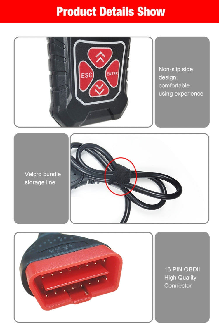 OBD2 diagnostic scanner with cable bundle and red OBDII 16-pin connector