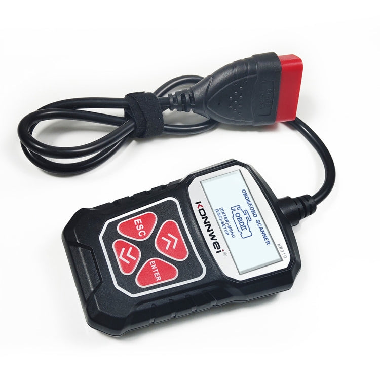 Handheld OBD2 scanner with attached cable and red OBD connector end