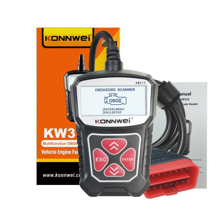 KONNWEI KW310 OBD2 scanner with red OBD plug and included instruction paper
