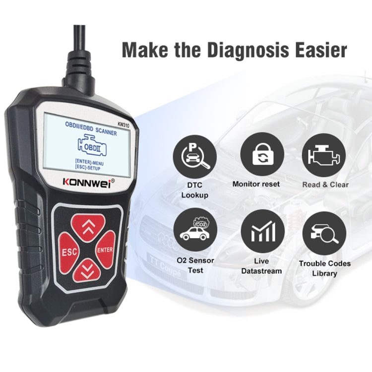 Handheld OBD2 scanner with control keypad and operation icons for diagnostics