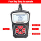 Front view of handheld OBD2 scanner with red keypad and scroll buttons