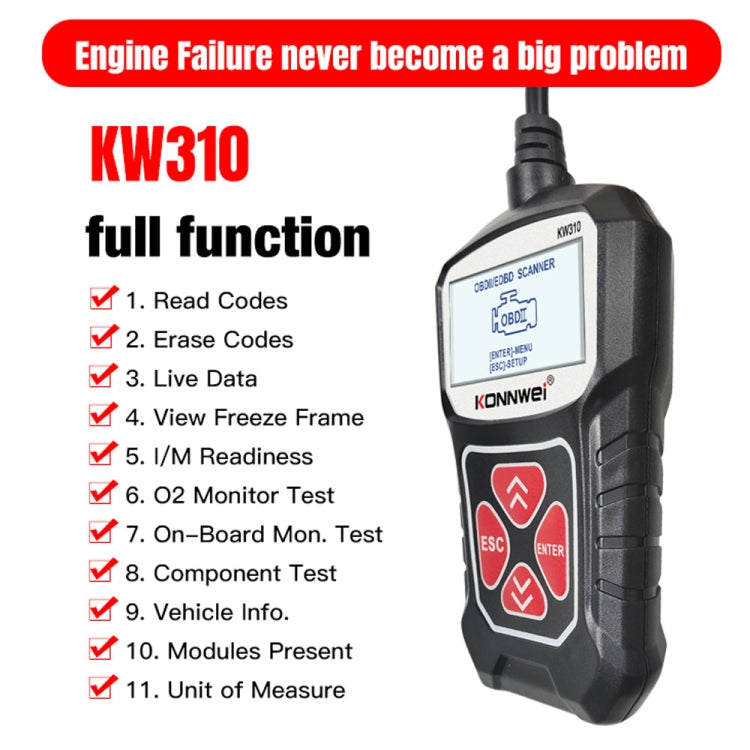 KW310 OBD2 scanner with red keypad for reading and clearing diagnostic codes
