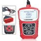 Red handheld OBD2 scanner with LCD screen and red OBDII connector
