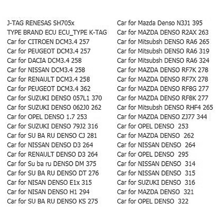 KTAG V7.020 ECU compatibility list text page (continuation)