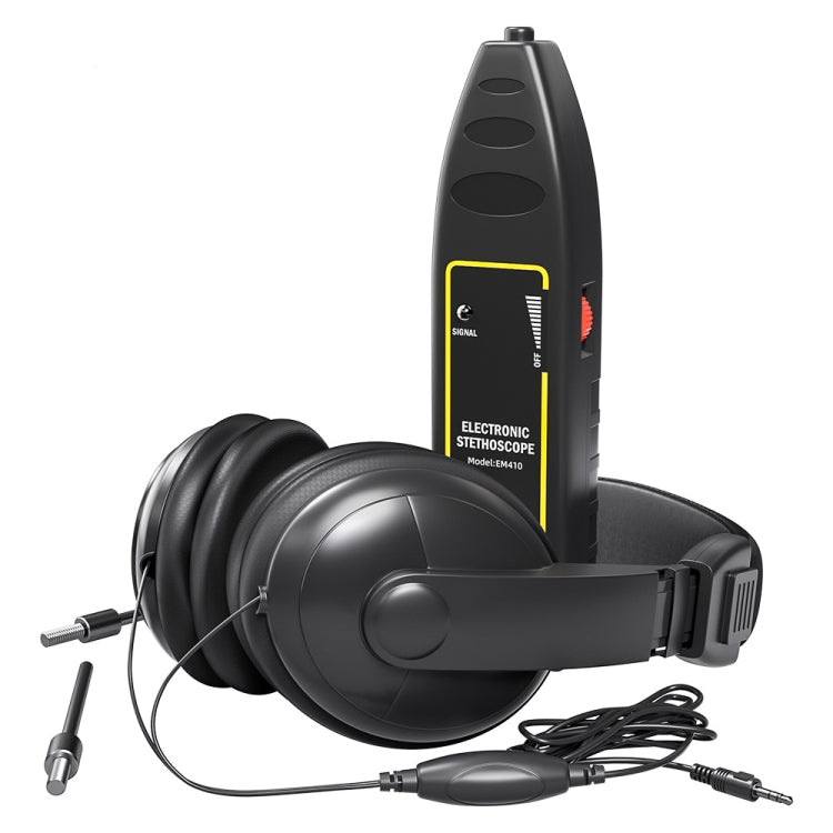 Black electronic stethoscope diagnostic tool set with handheld unit, probes, and ear tips.