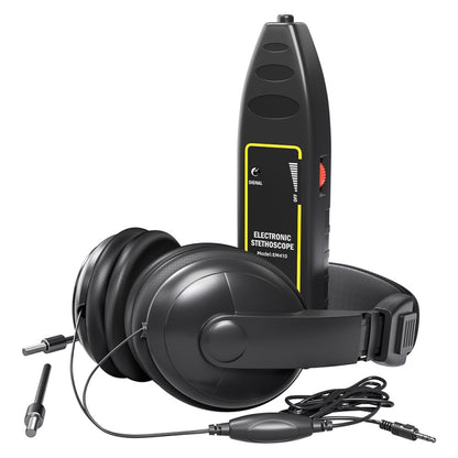 Black electronic stethoscope diagnostic tool set with handheld unit, probes, and ear tips.
