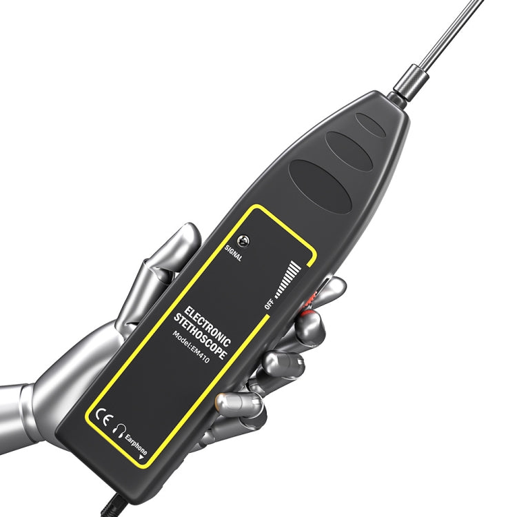 Black handheld electronic stethoscope unit with yellow label and metal probe attachment.