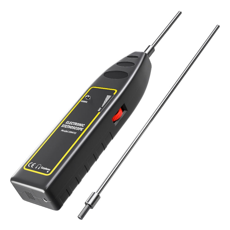 Black electronic stethoscope unit with two long metal probes, side view.