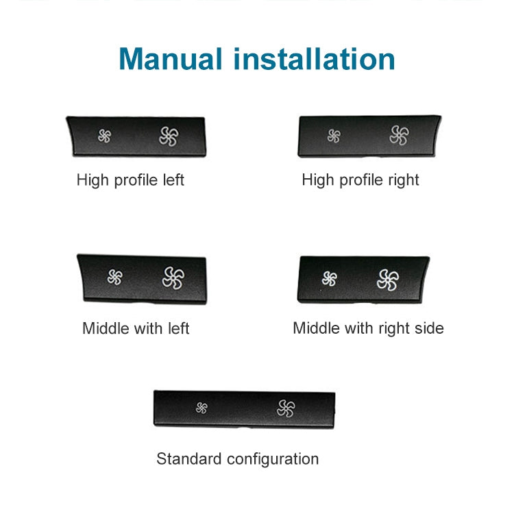 Black HVAC air volume switch panels with two white fan icons, placement options