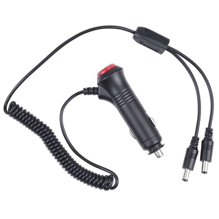 Car cigarette lighter switch plug cable with DC barrel connectors and coiled spring lead