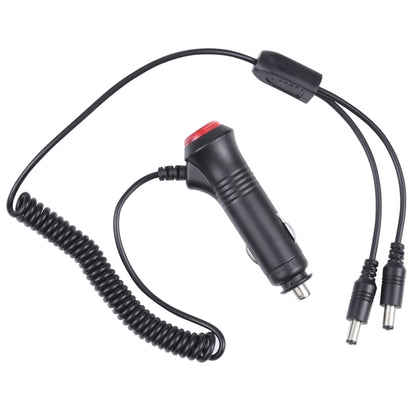 Car cigarette lighter switch plug cable with DC barrel connectors and coiled spring lead
