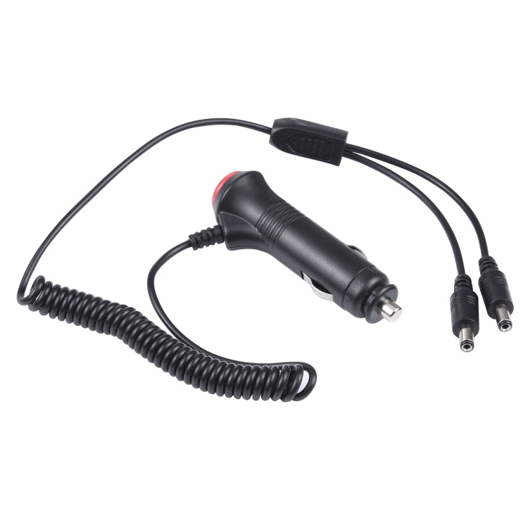 Car cigarette lighter switch plug with spring coil cable and dual DC barrel plugs
