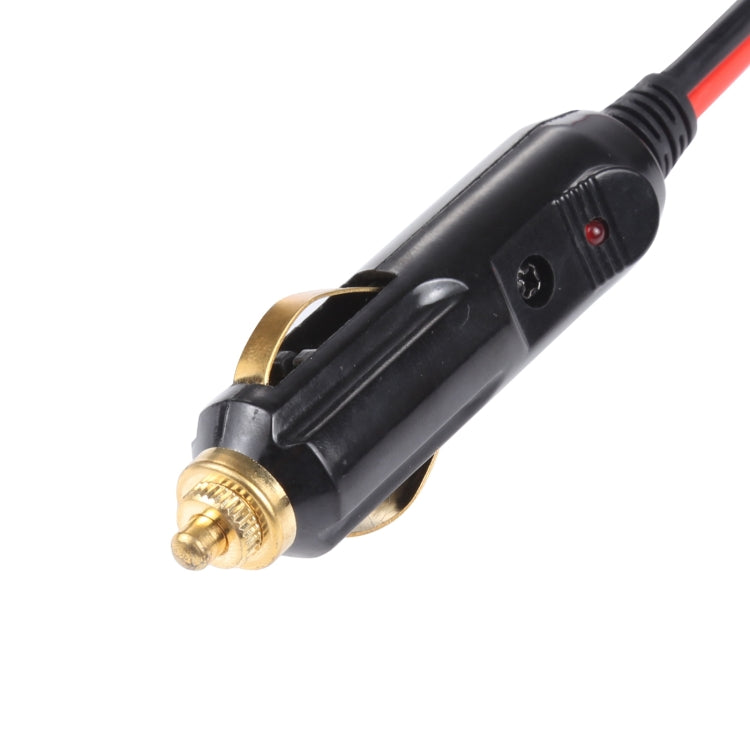 Car cigarette lighter plug with switch and gold connector tip, black cable housing