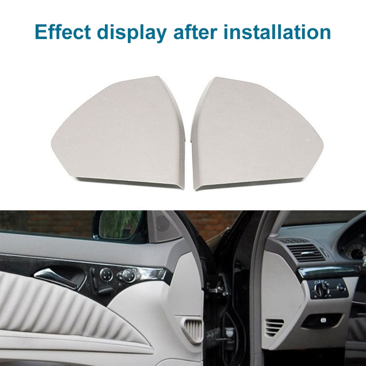 Installed front door trim panel covers, light gray textured plastic pair