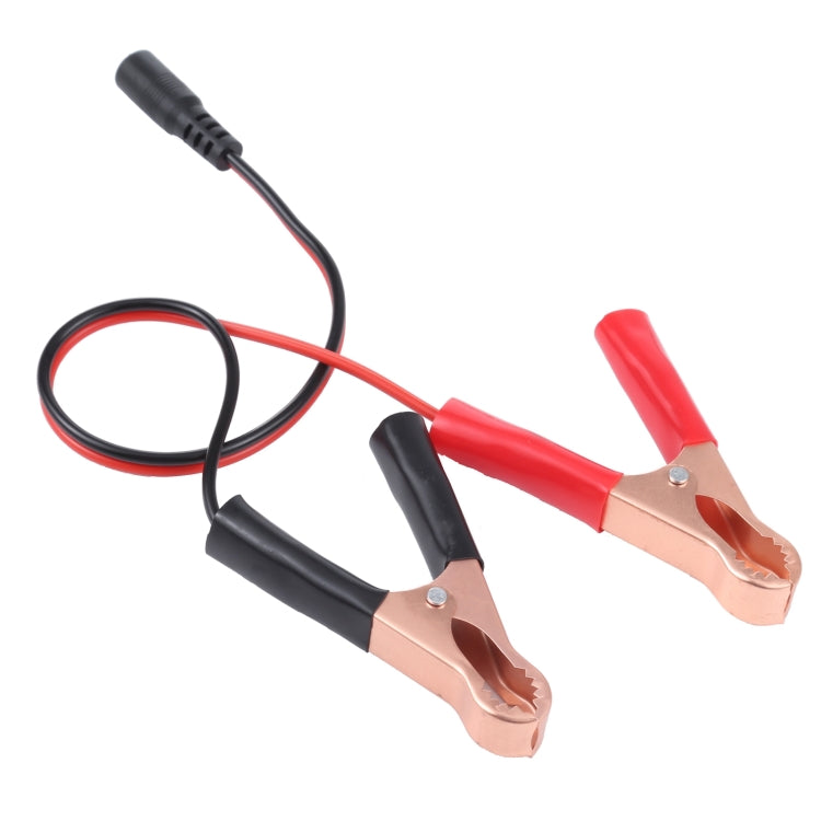 Car charging cable with red and black crocodile clips and coiled lead with DC plug