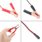 DC charging cable; close view of red/black clips and DC barrel plug