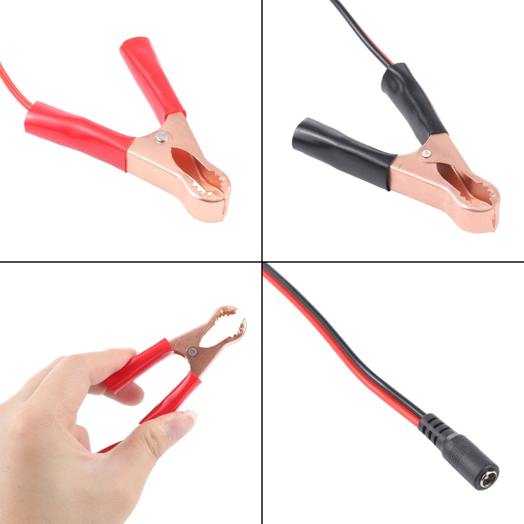 DC charging cable; close view of red/black clips and DC barrel plug