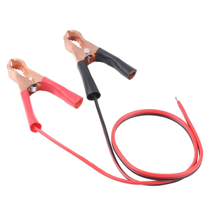 Car charging cable with red and black crocodile clips and insulated wire ends