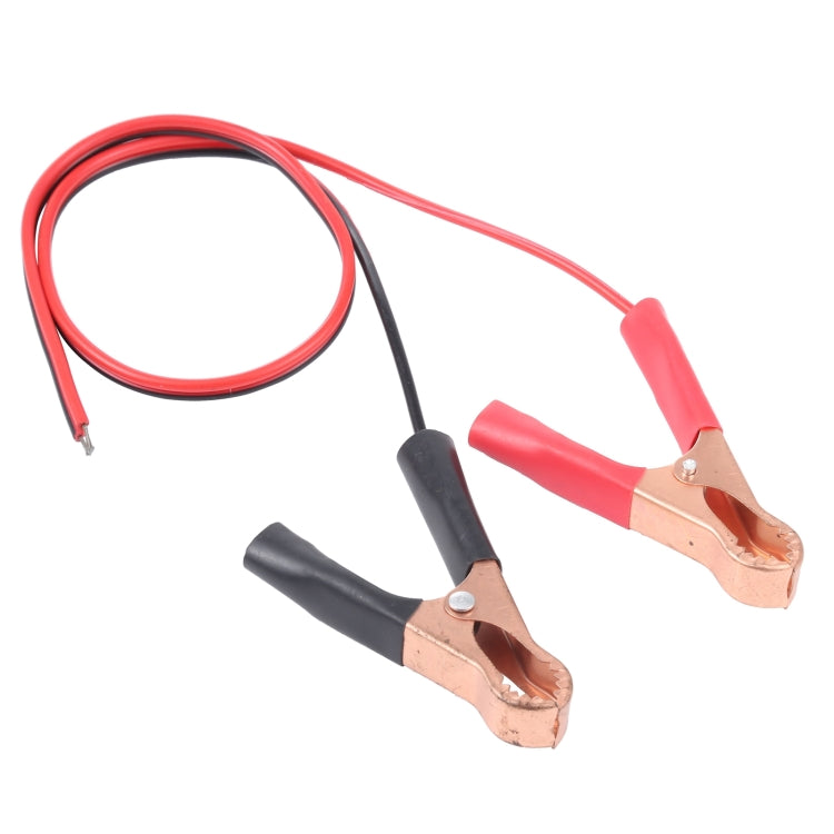 Car charging cable with red cable loops and crocodile clips with copper jaws