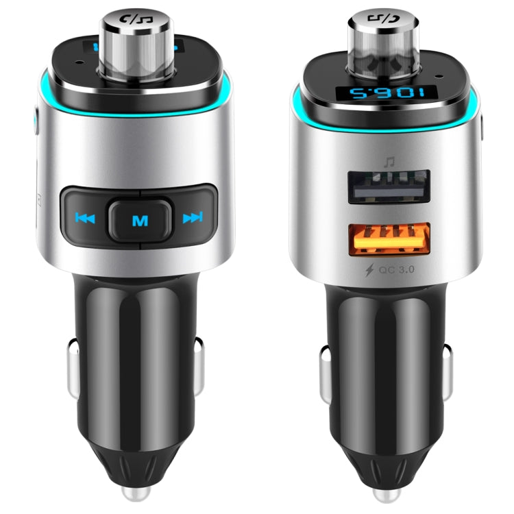 Car Bluetooth MP3 player showing button panel and SD/USB ports with blue-lit ring