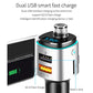 Car Bluetooth FM adapter with dual USB ports and digital display, silver-and-black body