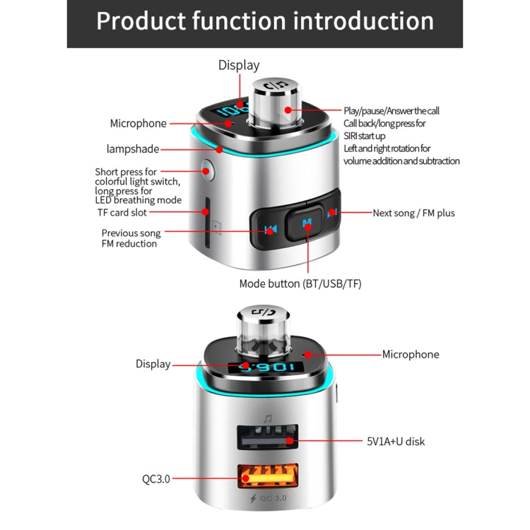 Car Bluetooth FM audio adapter diagram showing microphone, display, lamp, and buttons