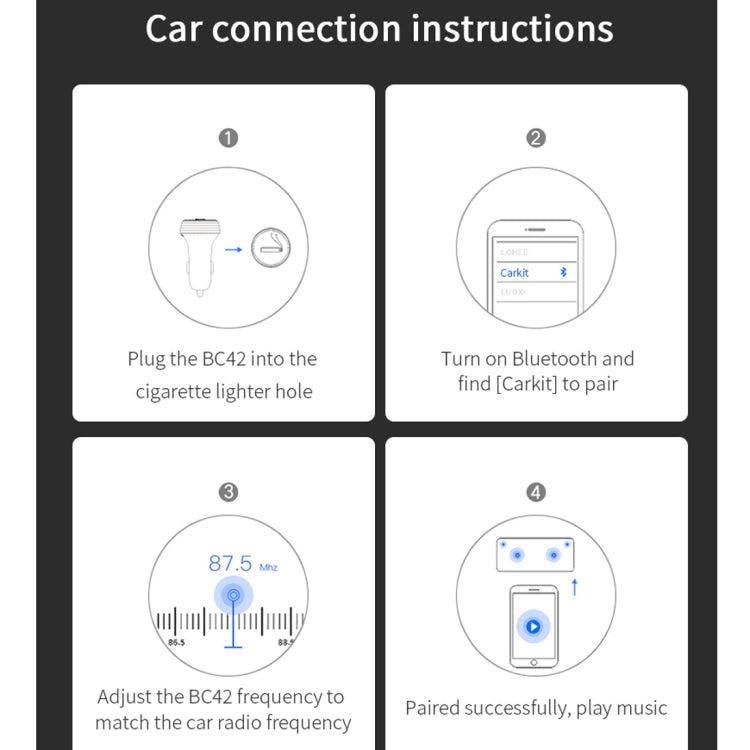 Car Bluetooth FM adapter connection steps: plug in, pair, set frequency, and play music