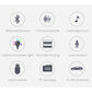 Car Bluetooth audio player feature icons for music, lights, charging, and playback