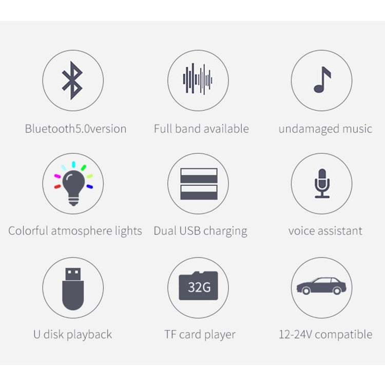 Car Bluetooth audio player feature icons for music, lights, charging, and playback