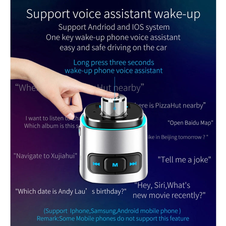 Car Bluetooth MP3 player with voice assistant wake-up and glowing blue LED ring