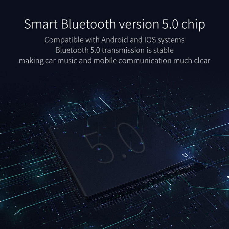 Bluetooth 5.0 car music player shown on circuit-style graphic background