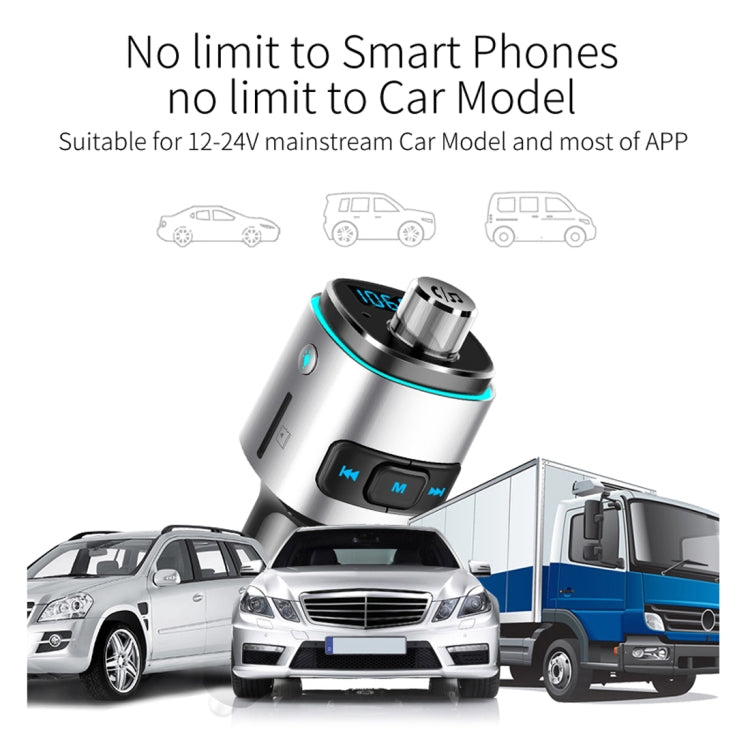 Car Bluetooth MP3 player for 12–24V vehicles, shown with compatible car models