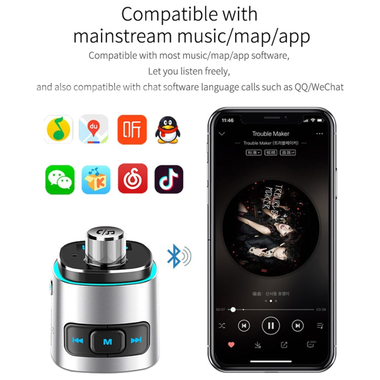 Car Bluetooth MP3 player compatible with music apps, shown with smartphone screen