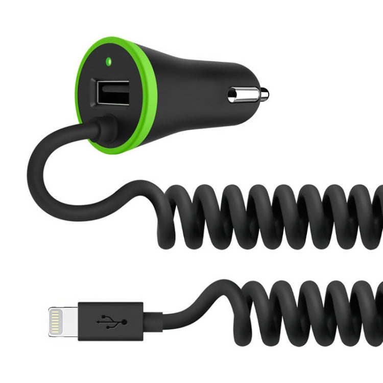 Mini USB car charger with spring 8-pin cable, green ring, black body, USB-A port