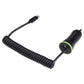 USB-A car charger with coiled spring cable and 8-pin connector, black and green accents