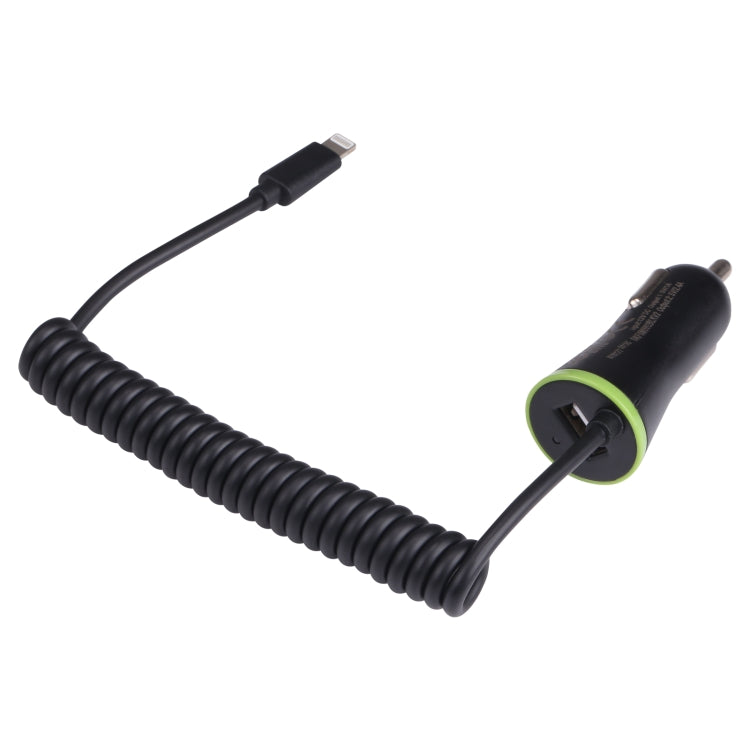 USB-A car charger with coiled spring cable and 8-pin connector, black and green accents