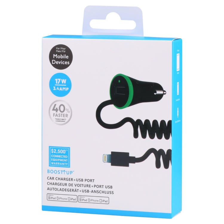 17W USB-A car charger blister package with spring 8-pin cable for mobile devices
