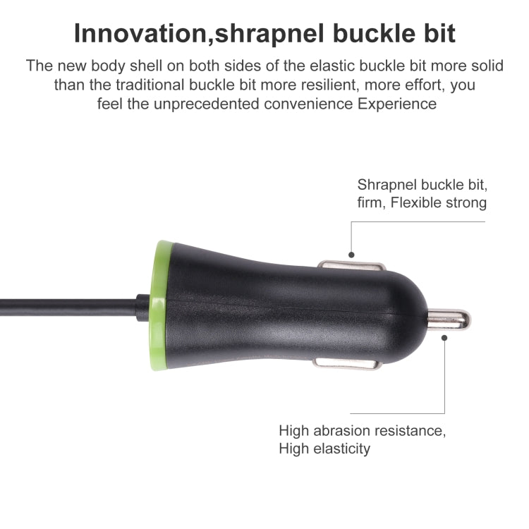 Black mini car charger with green ring, spring cable and metal plug, compact design