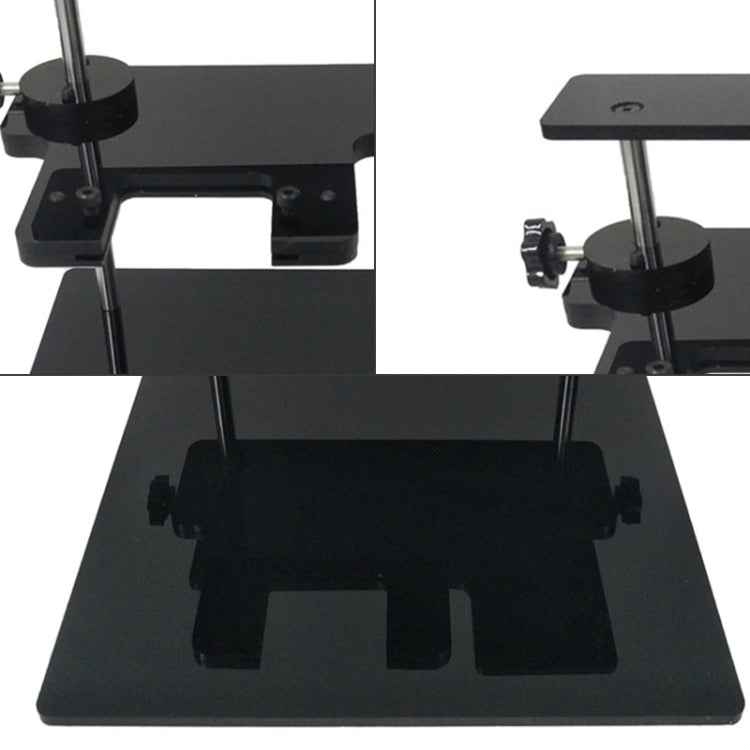 Close-up of black adapter stand clamps, vertical posts, and base platform